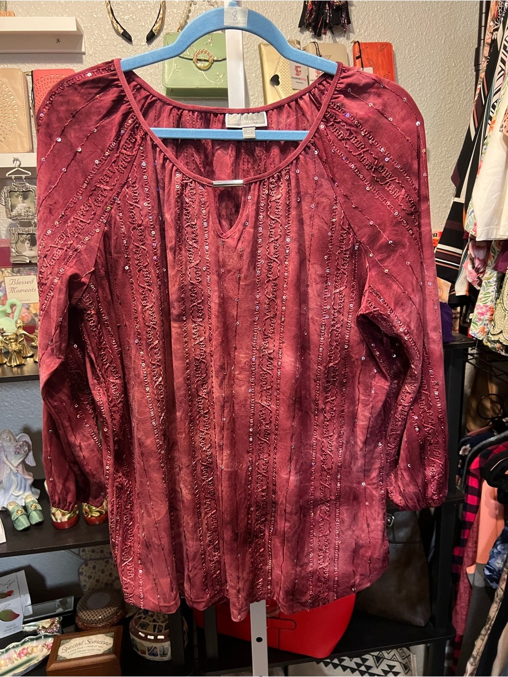 JM Collection Sequin-Embellished Wine Peasant Tunic